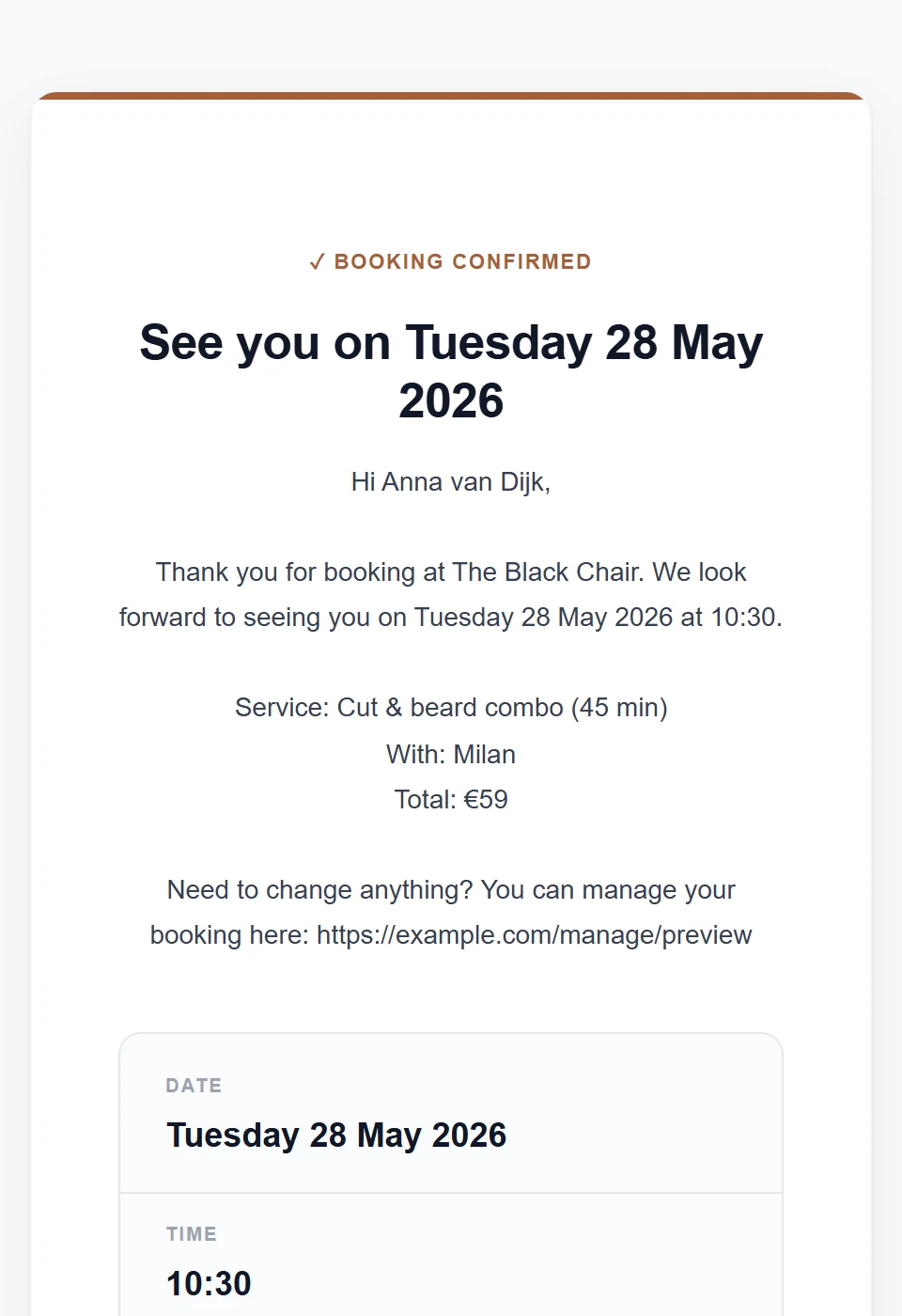 Skedify booking confirmation e-mail