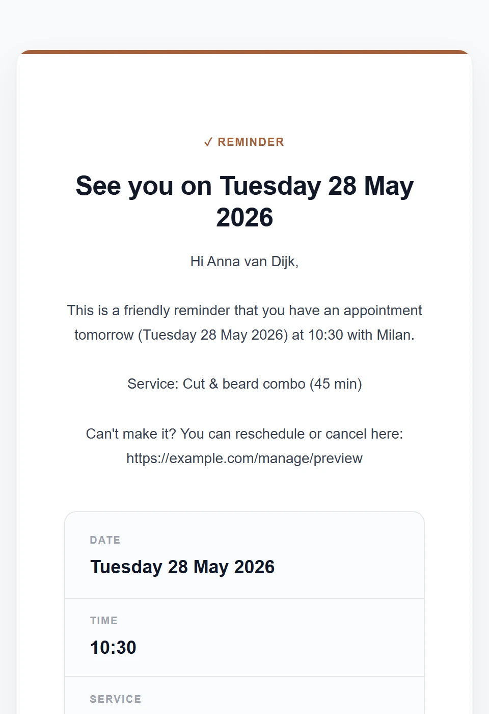 Skedify 24-hour reminder e-mail