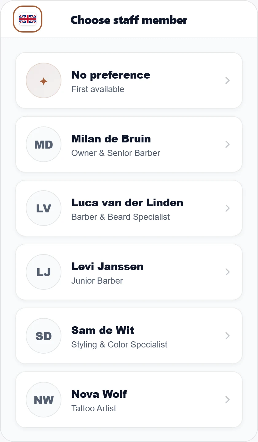 Skedify booking widget on a phone, showing the staff-selection step